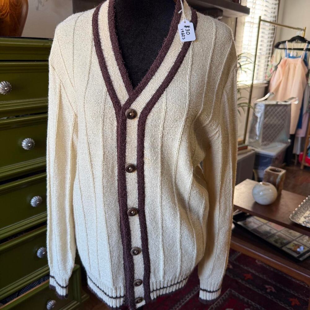 1960s vintage cream and brown Vittorio's striped cardigan with button front.